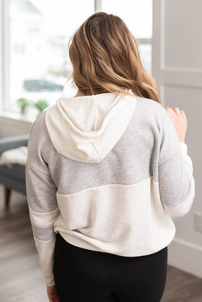 Back view of the grey block hoodie 