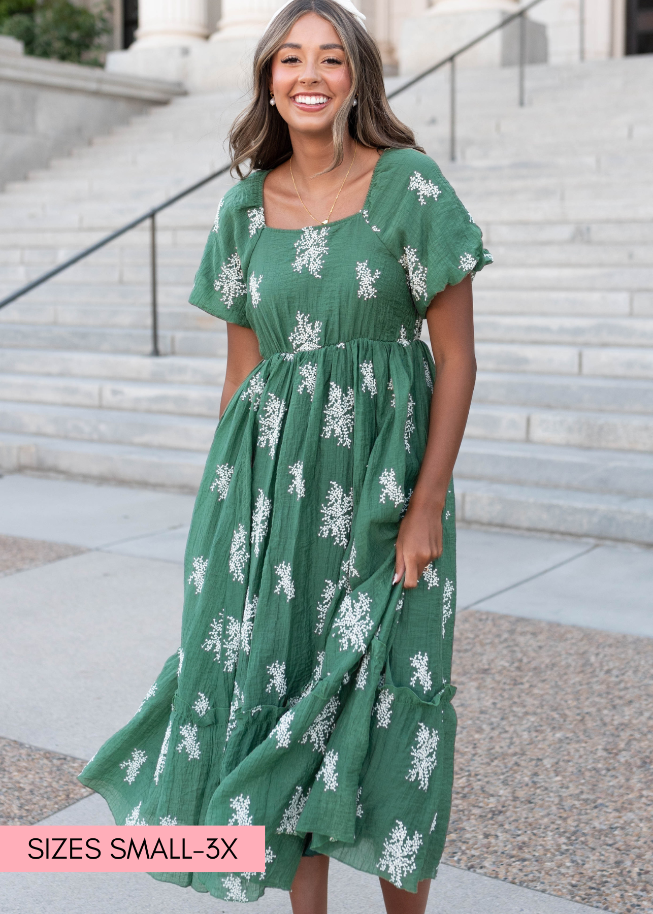 Square neck emerald green embroidered dress