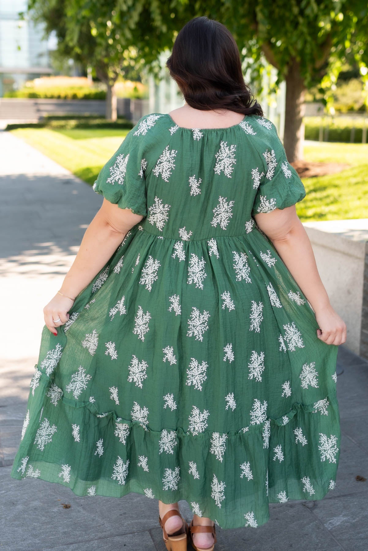 Back view of the emerald green embroidered dress