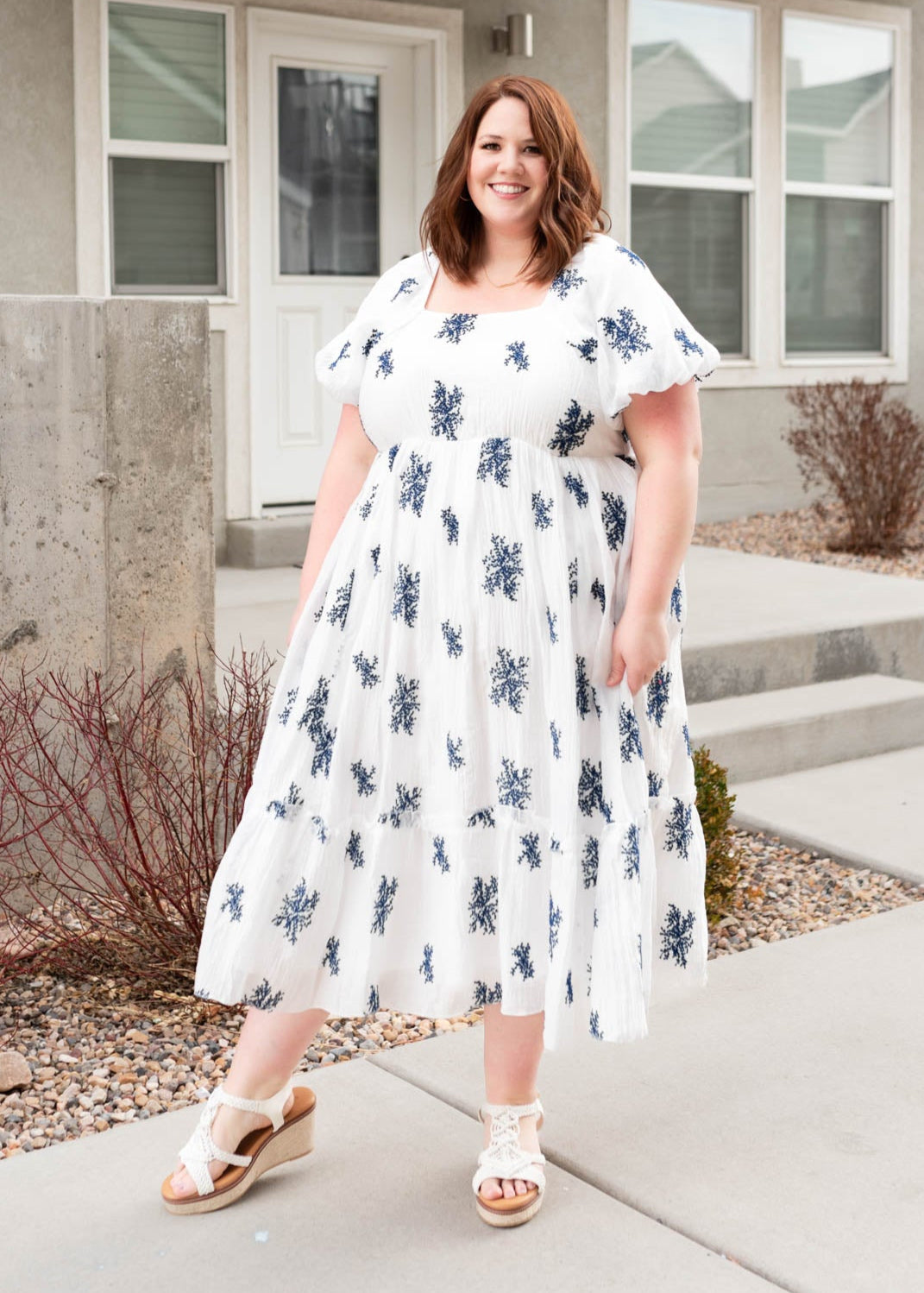 Plus size ivory embroidered dress with high waist