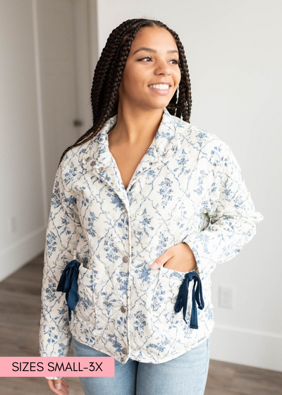 Button up cream floral printed jacket with pockets