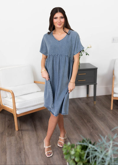 Denim blue dress with v-neck