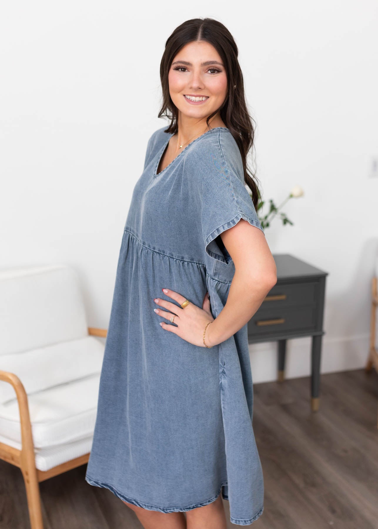 Side view of the denim blue dress