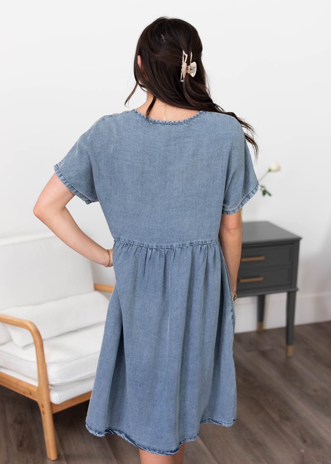 Back view of the denim blue dress