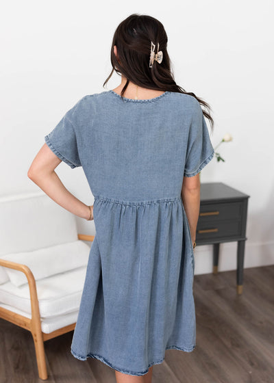 Back view of the denim blue dress