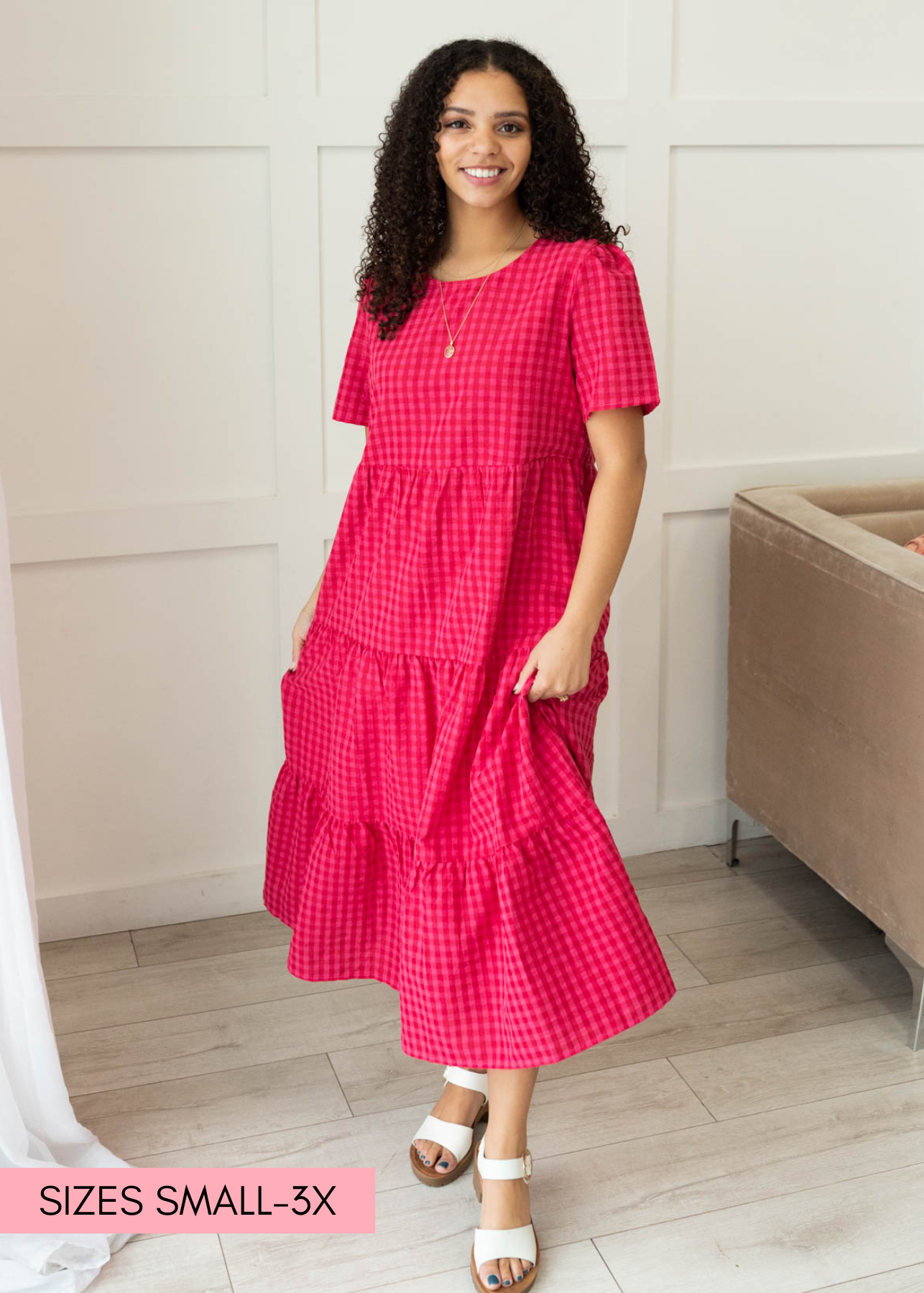 Hot pink gingham tiered dress