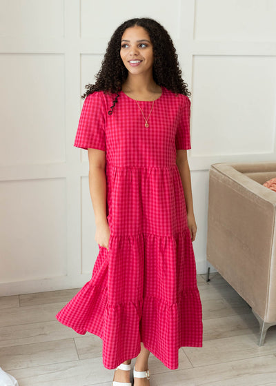 Hot pink gingham tiered dress with short sleeves