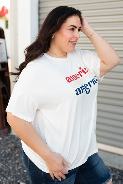 Side view of the plus size white America graphic tee