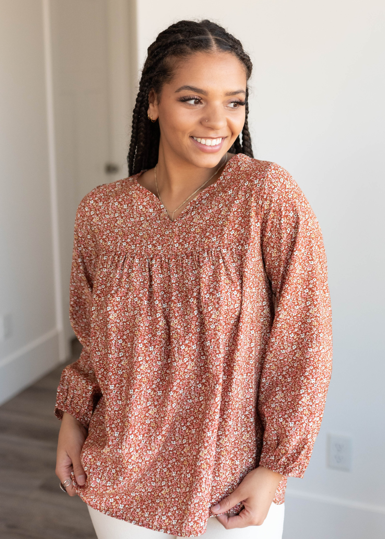 Rust floral top with gathered front