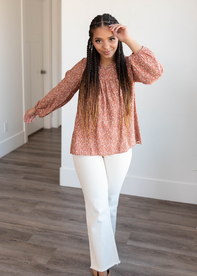 Long sleeve rust floral top