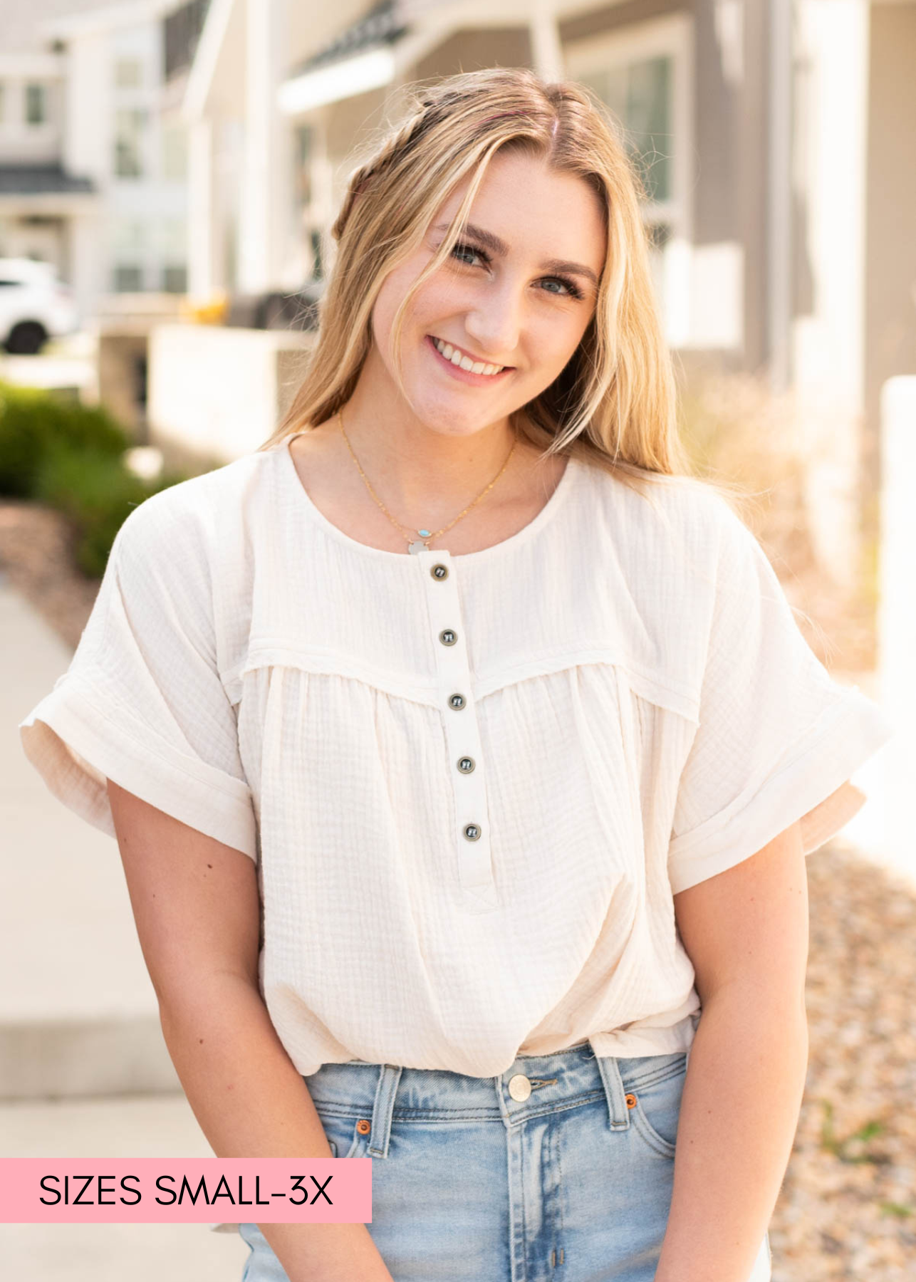 Short sleeve cream button top