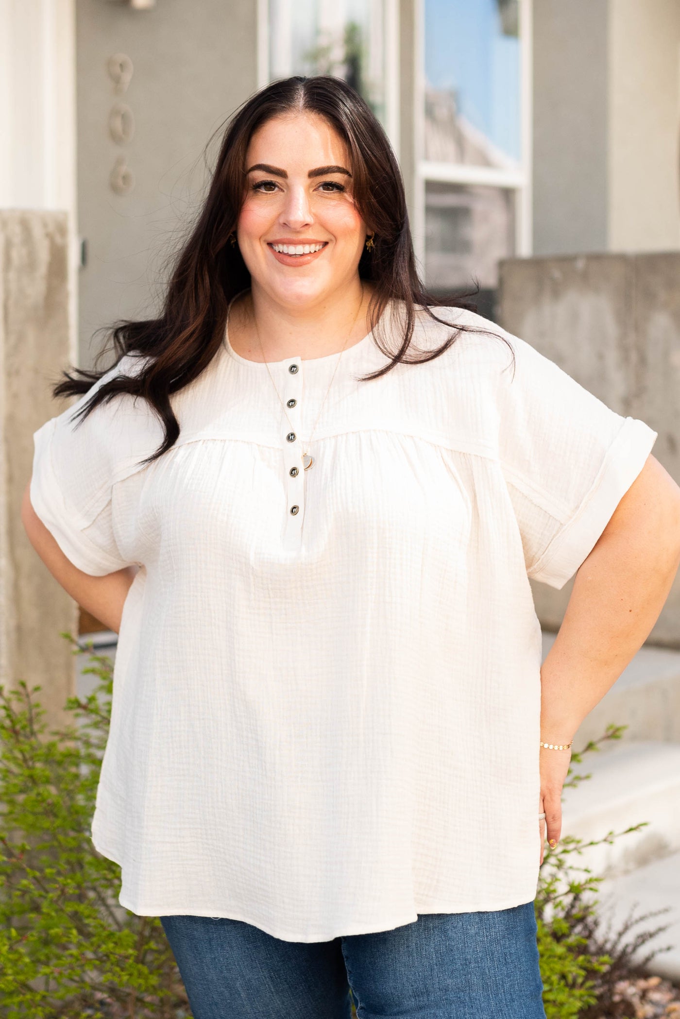 Short sleeve plus size cream button top