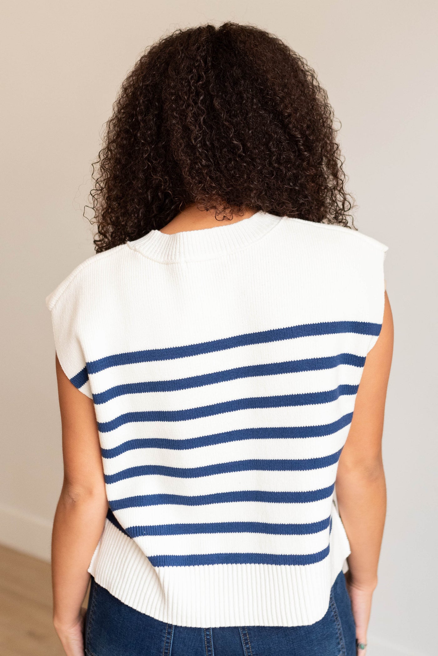 Back view of the light navy stripe sweater vest