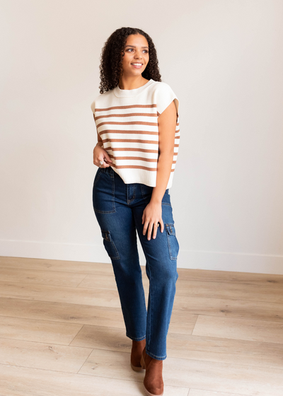 Ivory and mocha stripe sweater vest