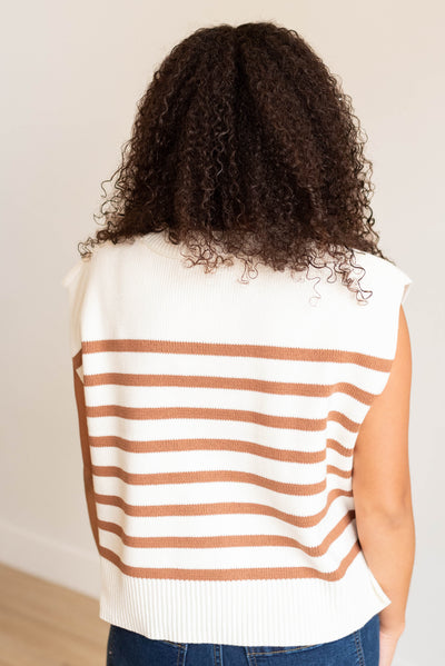 Back view of the mocha stripe sweater vest