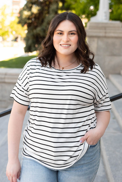 Front view of the ivory stripe oversize top