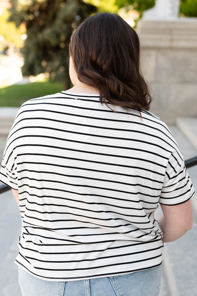 Back view of the plus size ivory stripe oversize top