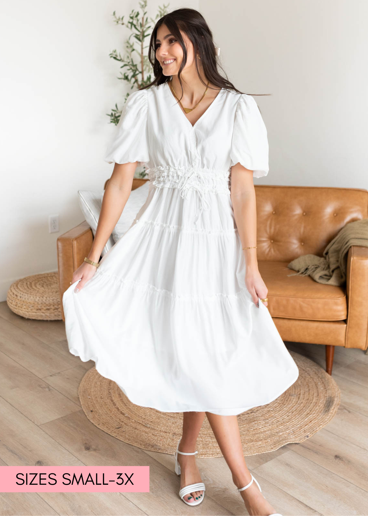 Ivory vneck dress with ruffled elastic waist