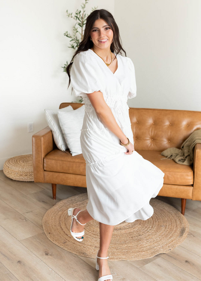 Ivory vneck dress with tiered skirt