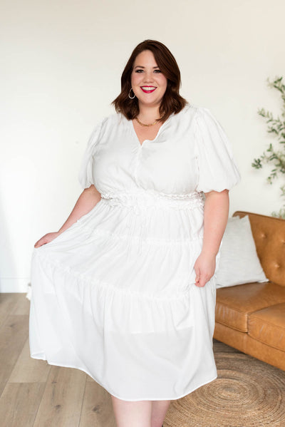 Ivory v neck dress with short puff sleeves in plus size