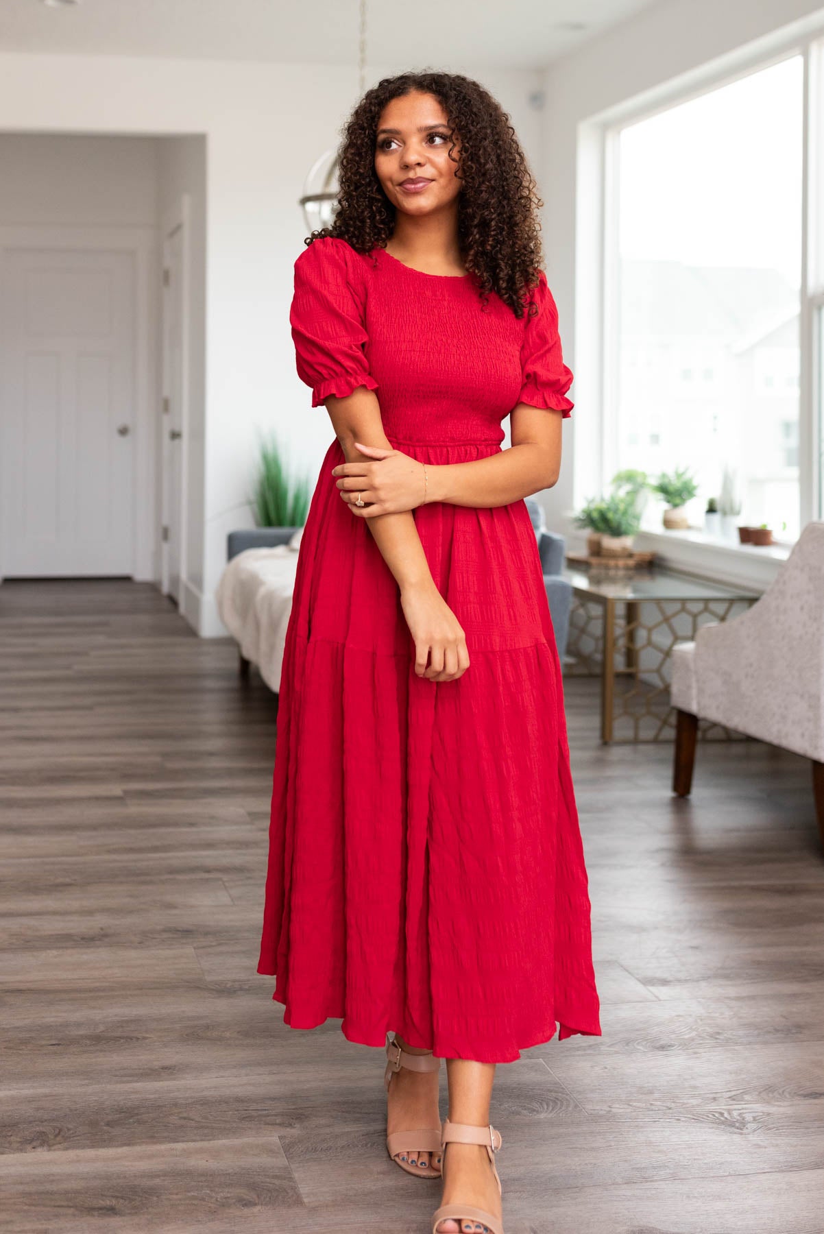 Short sleeve red smocked dress