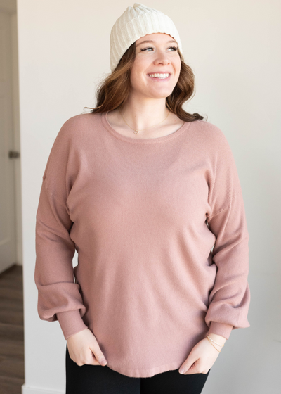 Dusty rose waffle long sleeve top in 1x