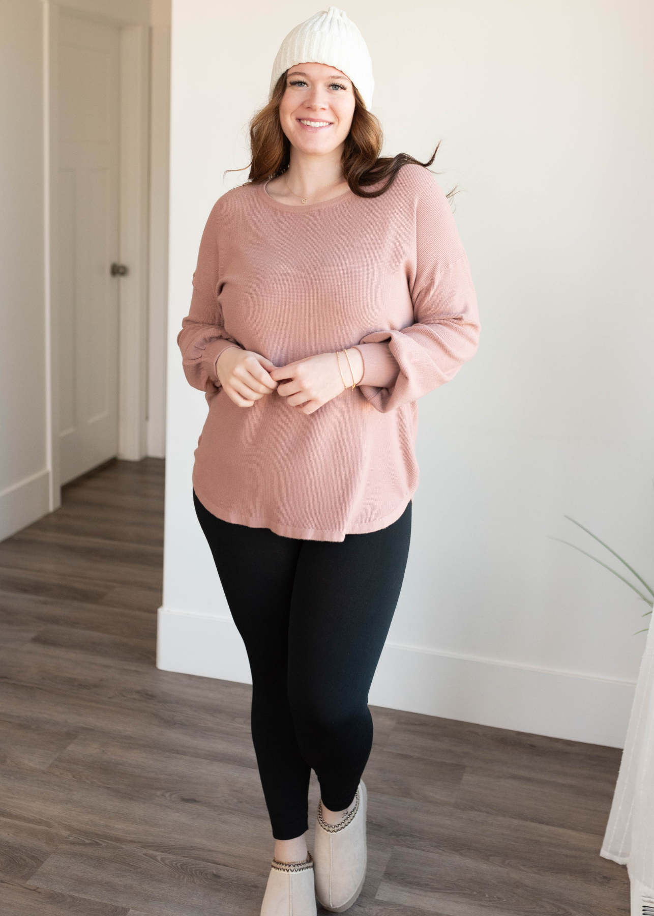 Plus size dusty rose waffle long sleeve top with balloon sleeves