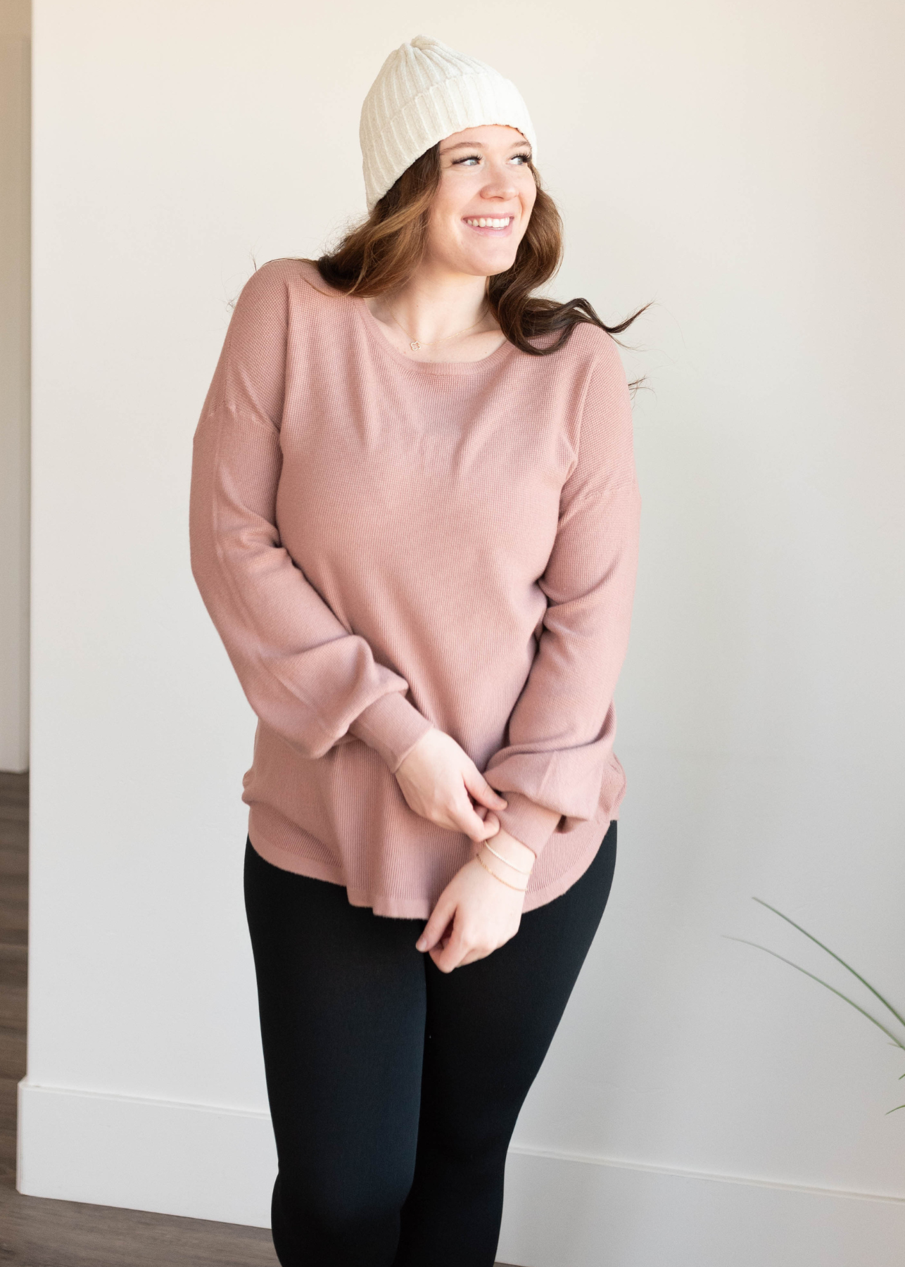 Drop sleeve dusty rose waffle long sleeve top in plus size