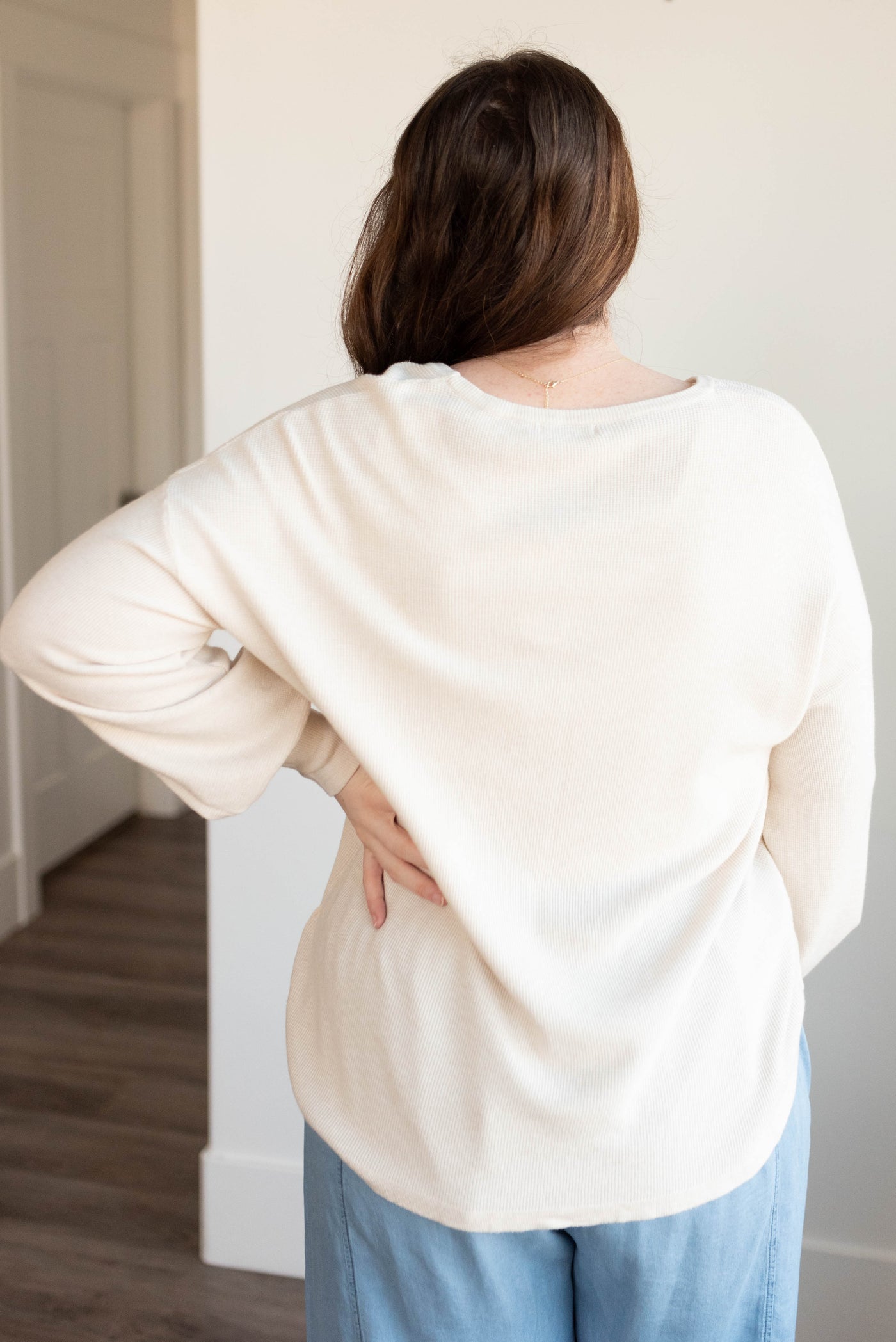 Back view of the oatmeal waffle long sleeve top