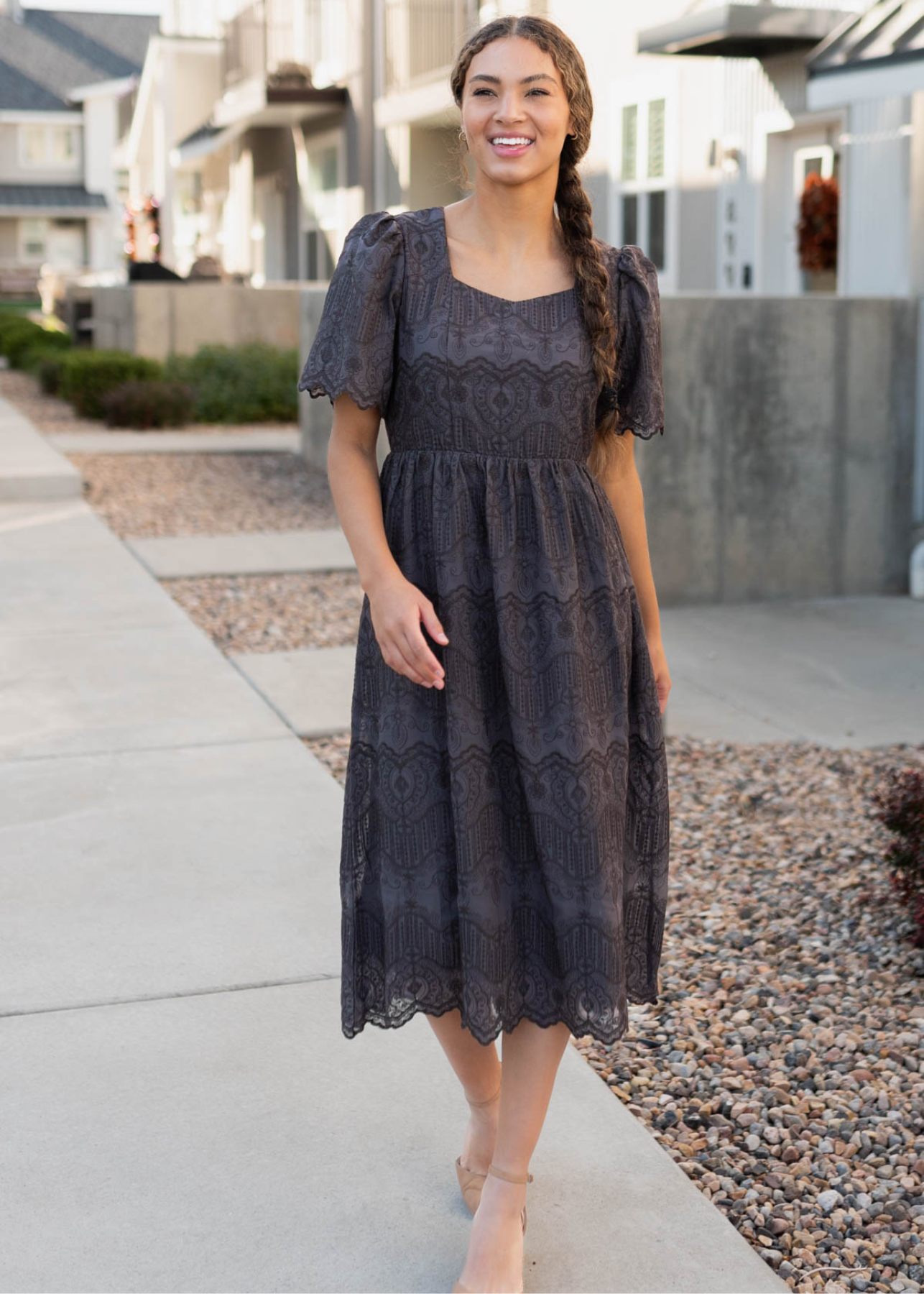 Short sleeve charcoal embroidered dress