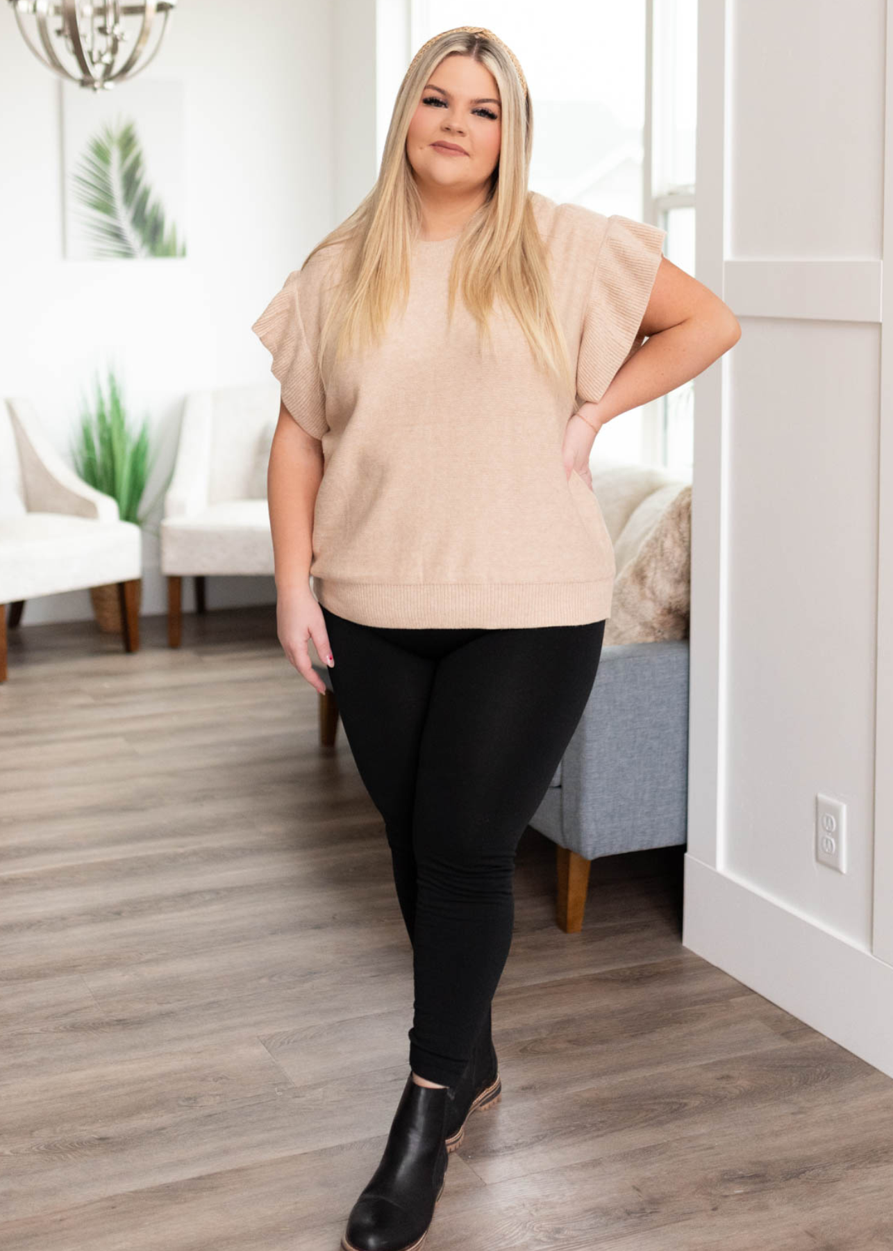 Short sleeve plus size beige ruffle sleeve knit top