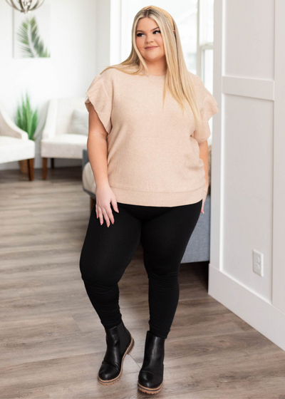 Plus size beige ruffle sleeve knit top