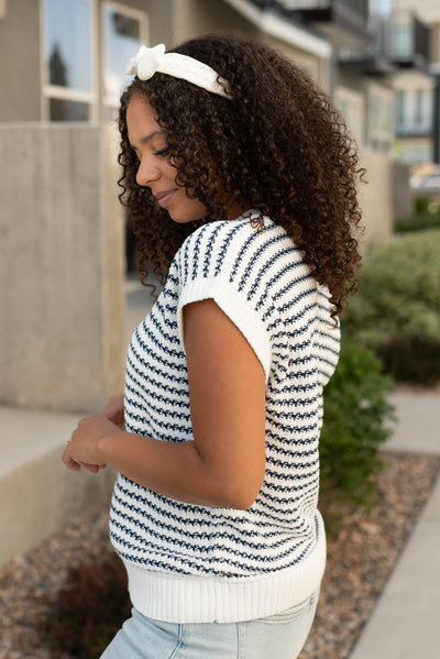 Side view of the blue stripe sweater top