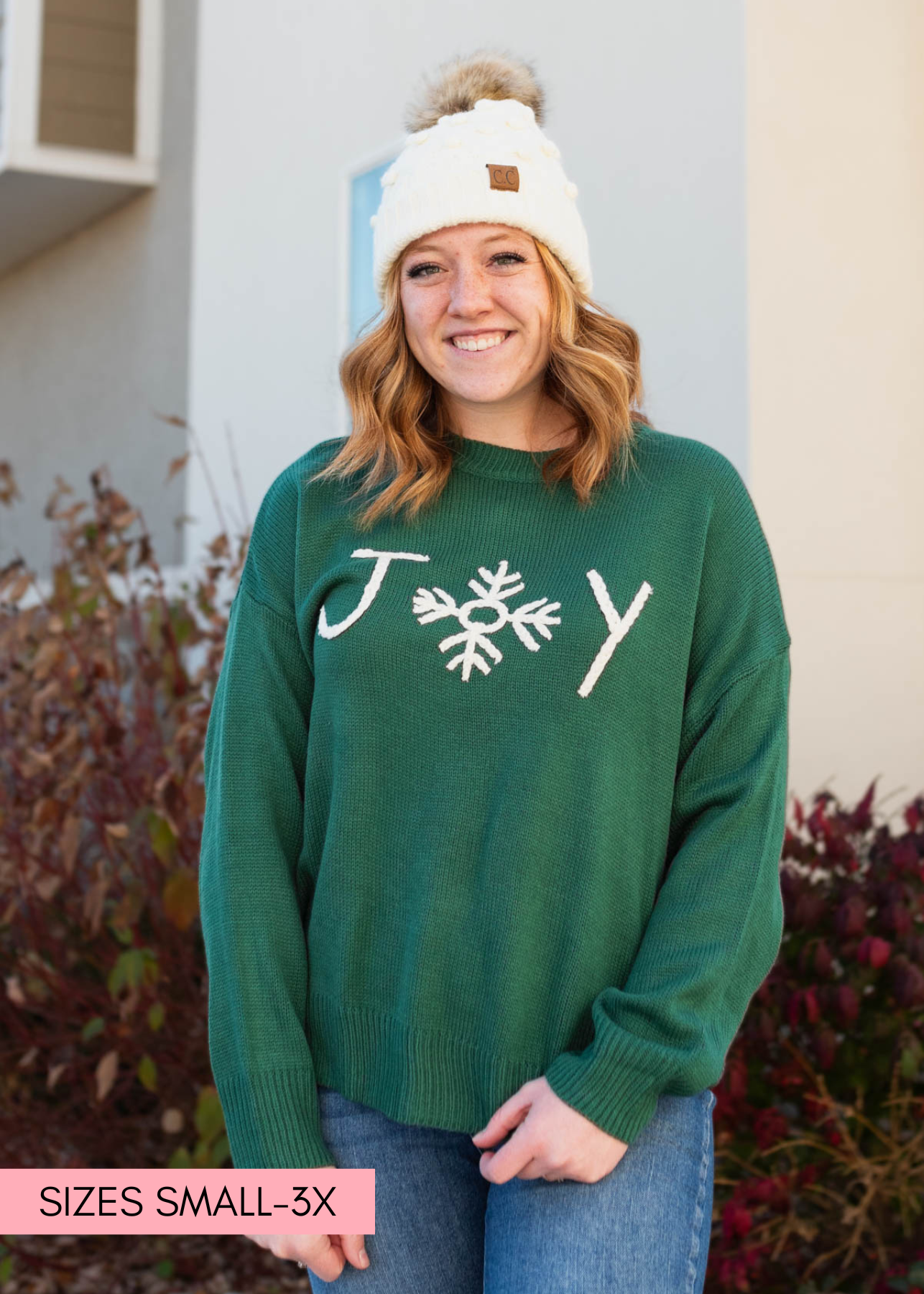 Joy hunter green sweater with an ivory Joy