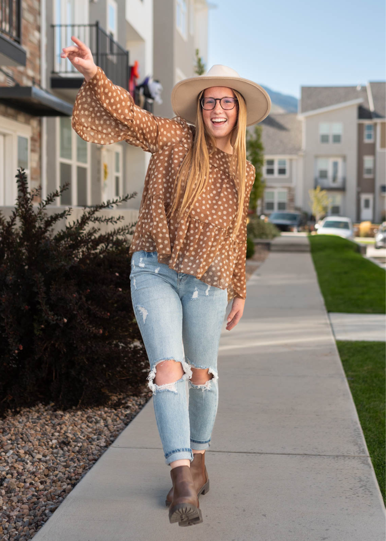 Brown floral top with long sleeves