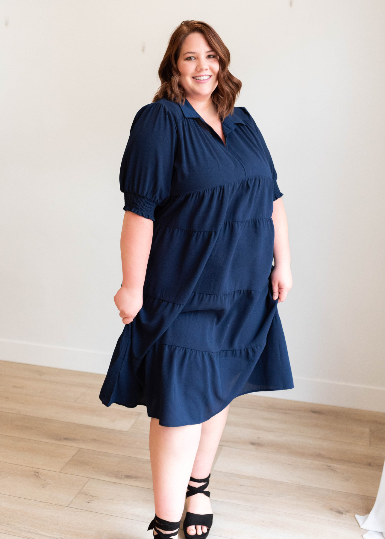 Short sleeve plus size navy collared tiered dress