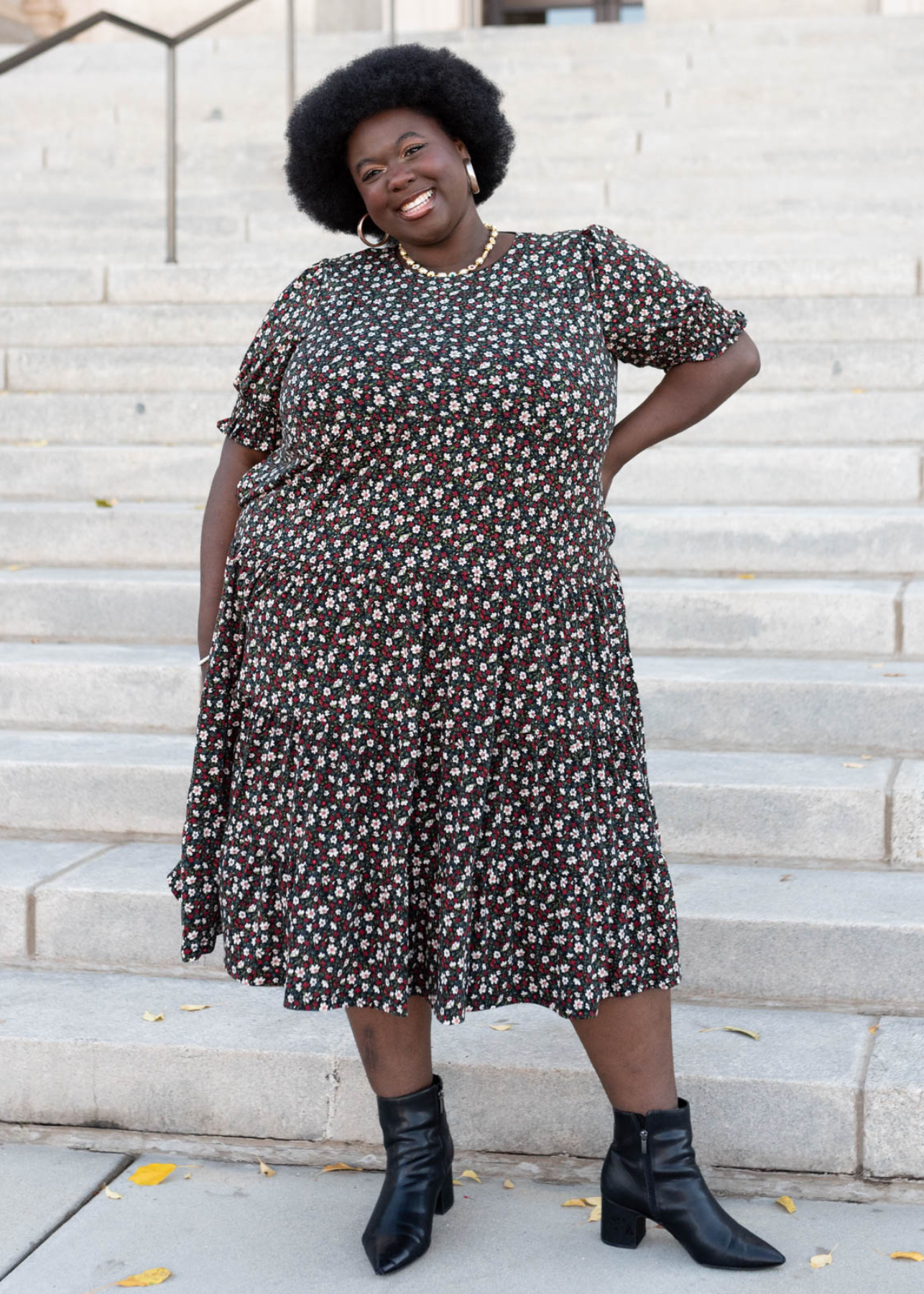 Plus size tiered floral dress with short seeves