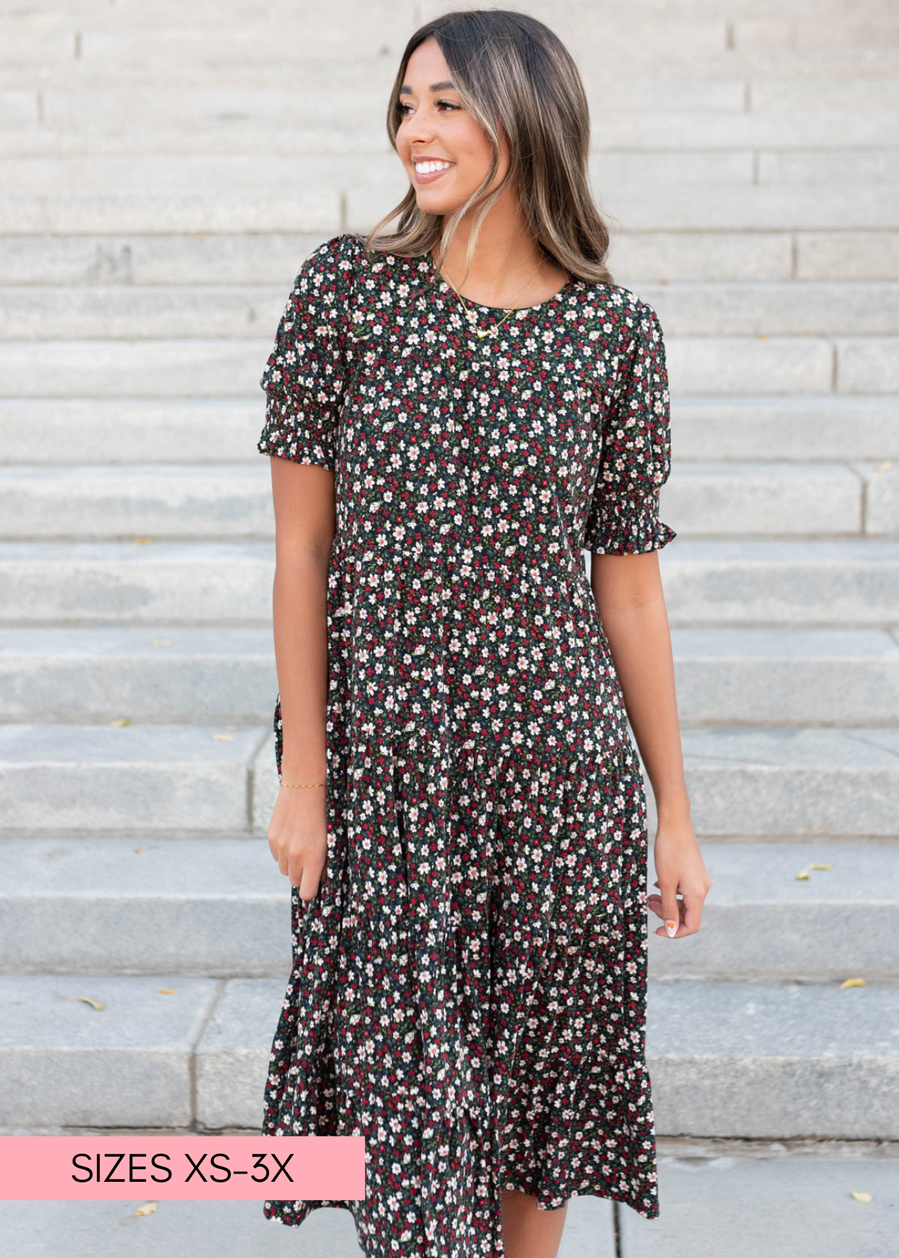 Short sleeve tiered floral dress with red and ivory flowers