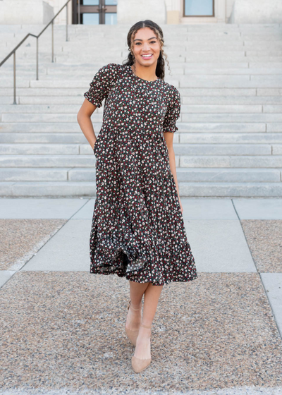 Front view of the tiered floral dress