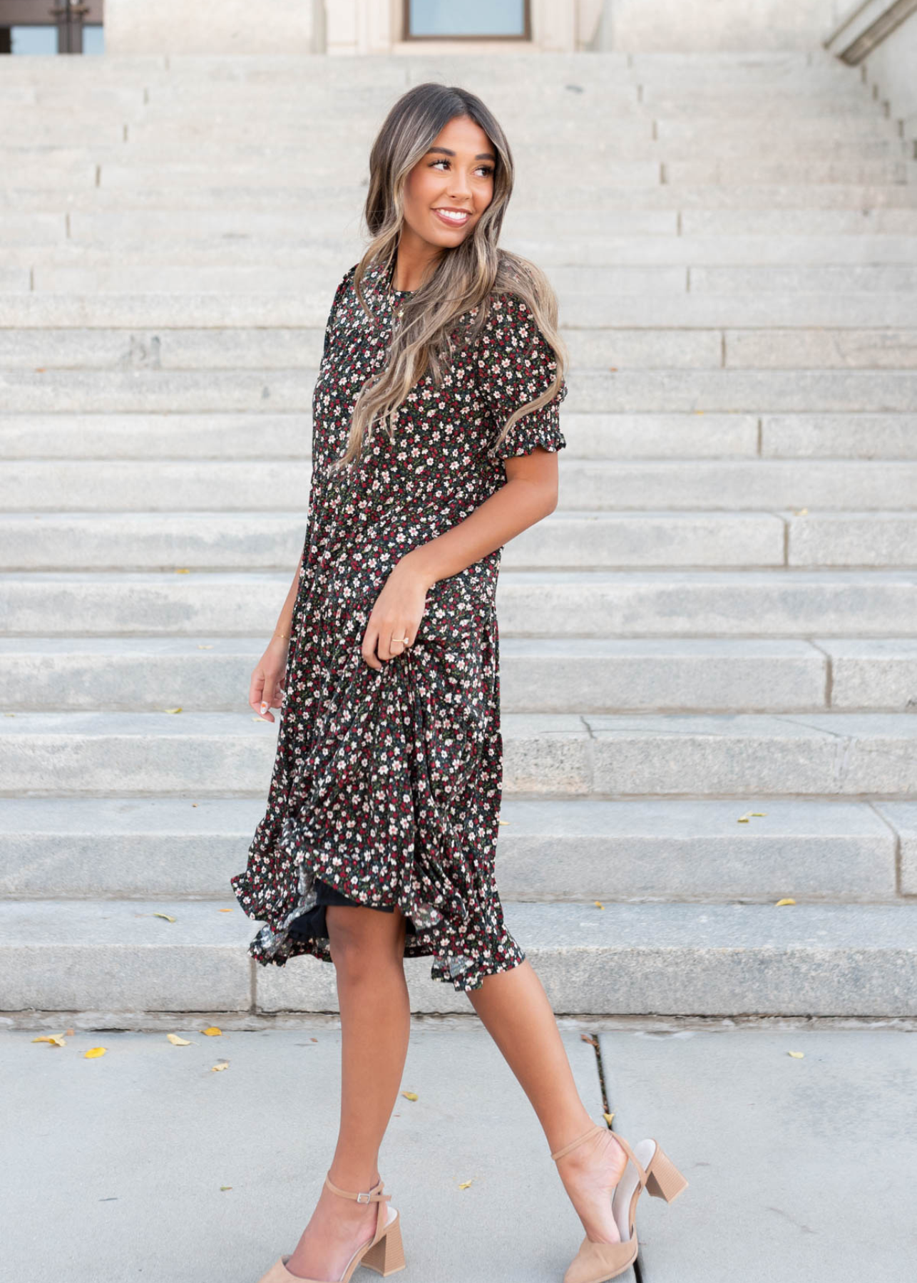 Side view of the the tiered floral dress