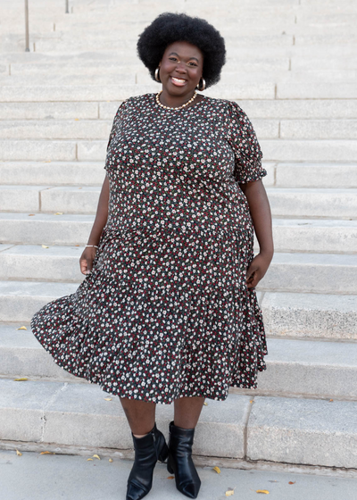 Plus size tiered floral dress with smocked bodice