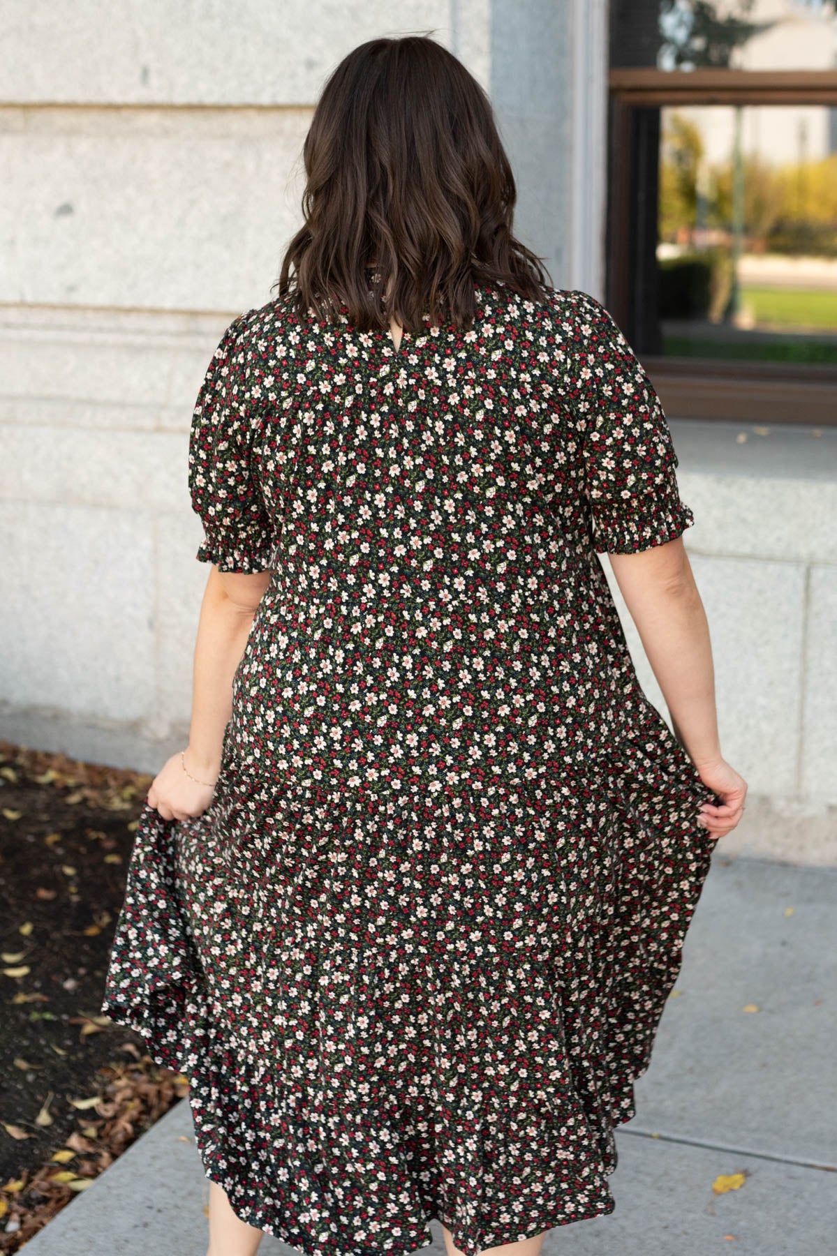 Back view of the plus size tiered floral dress