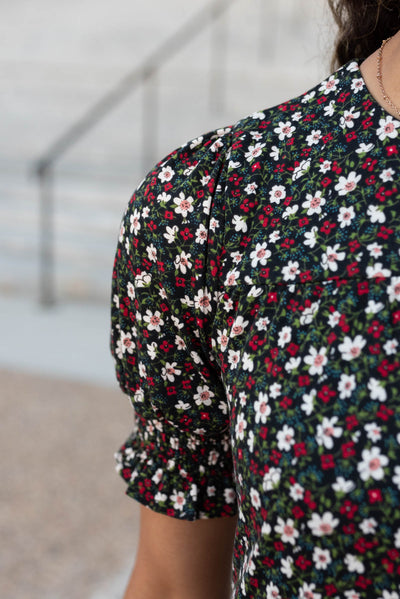 Close up of the fabric on the tiered floral dress