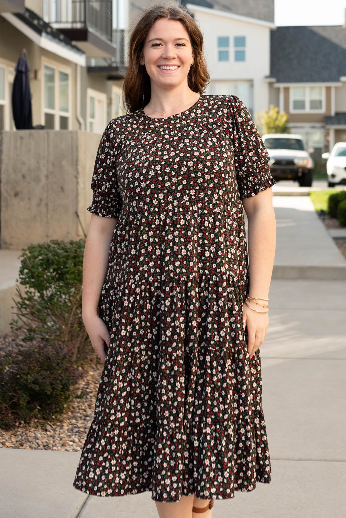 Black plus size tiered floral dress