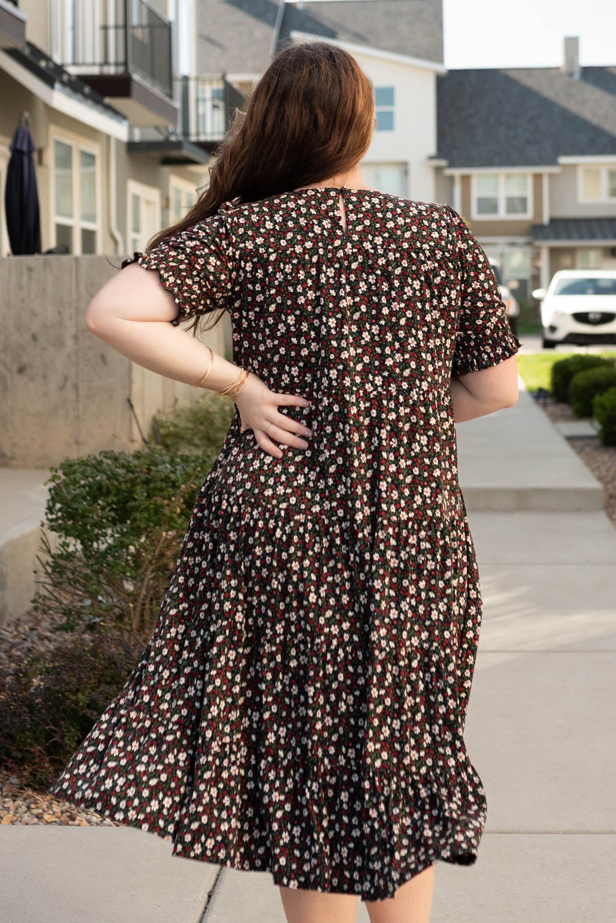 Back view of the plus size tiered floral dress