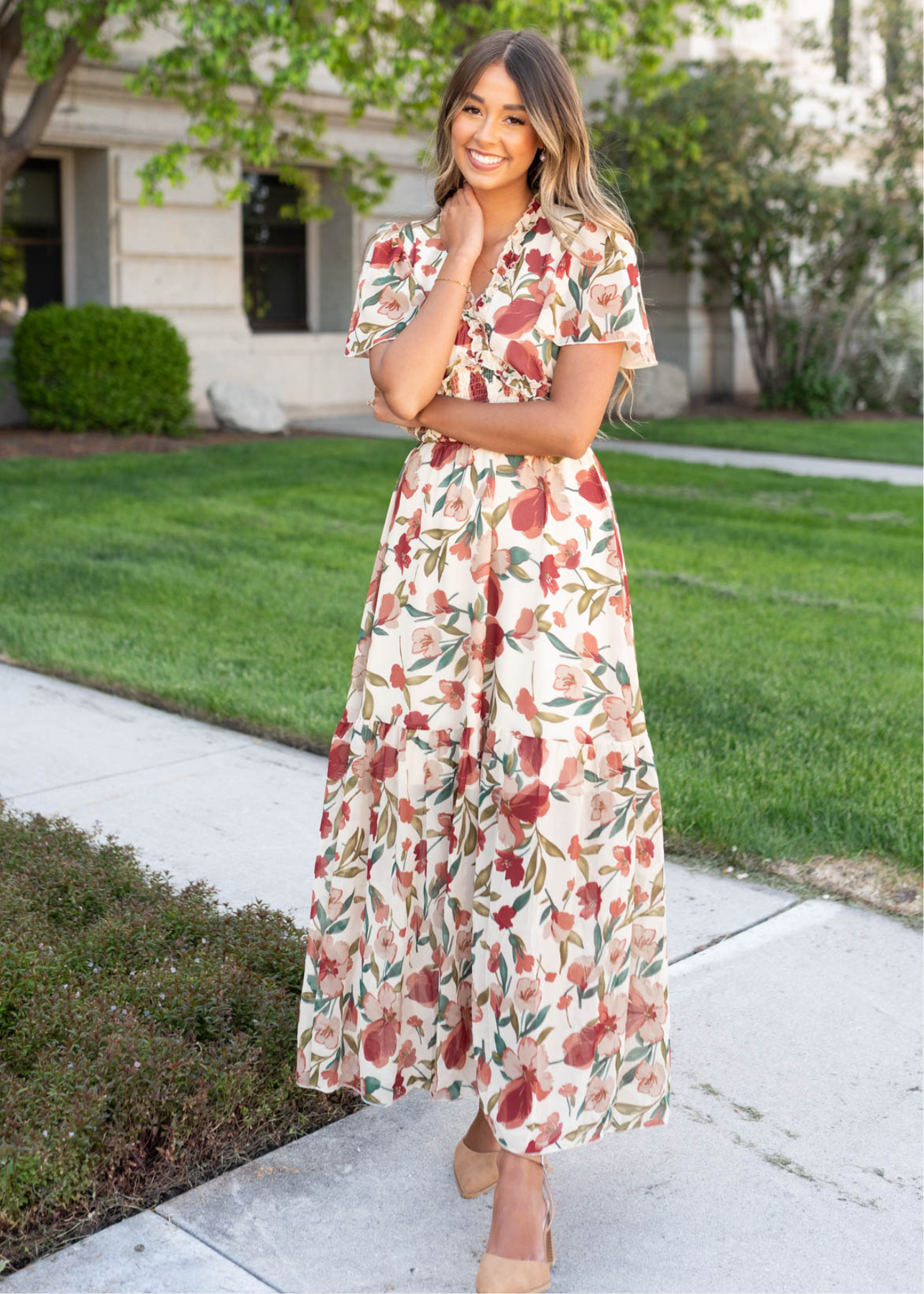 Multi floral maxi dress with short sleeves