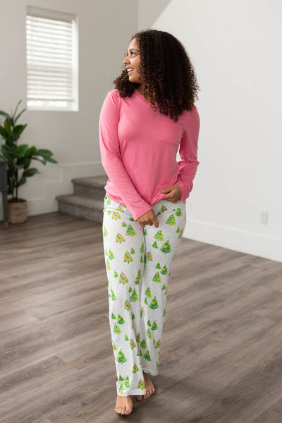 Long sleeve pink PJ top with a pocket