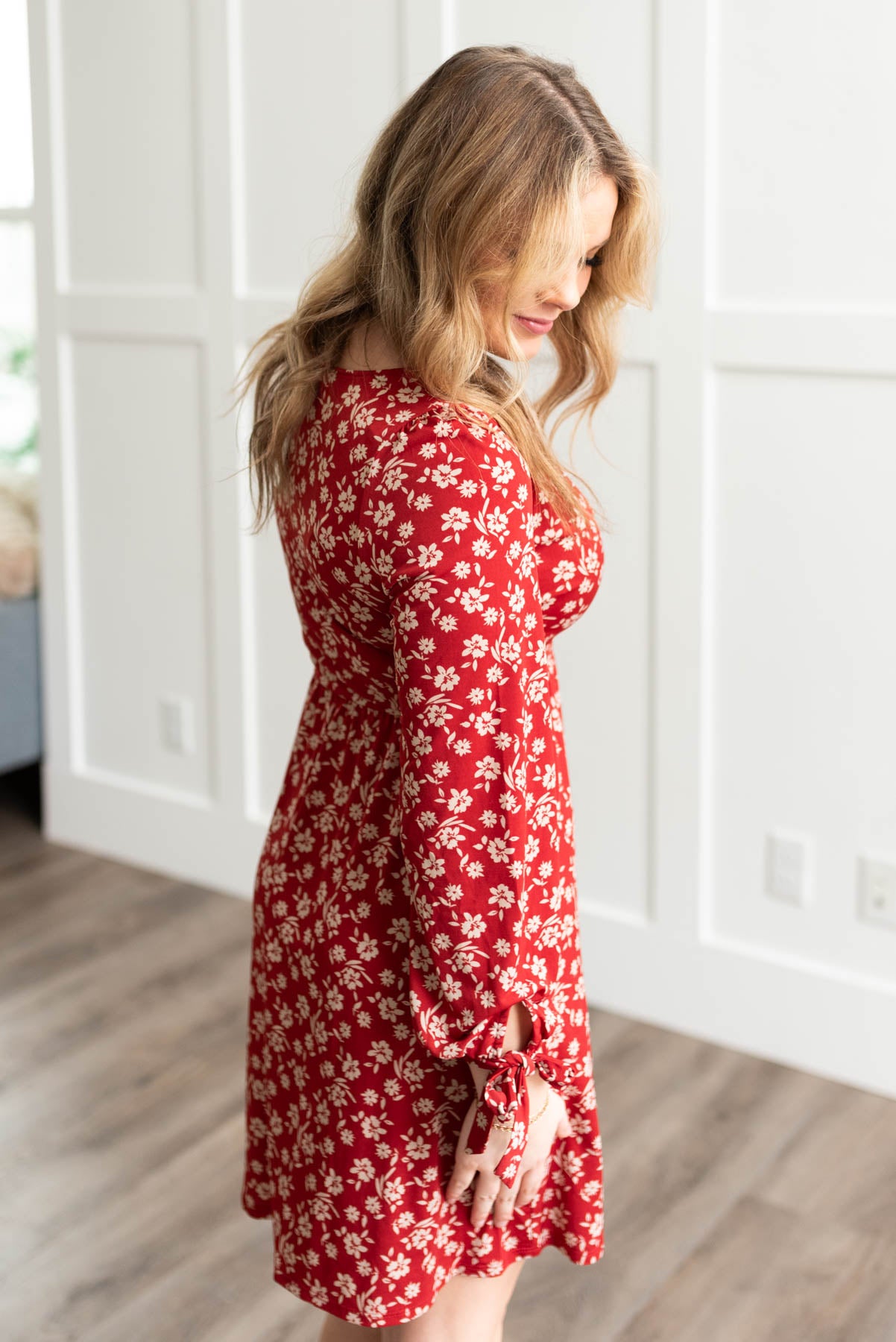 Side view of a red floral dress