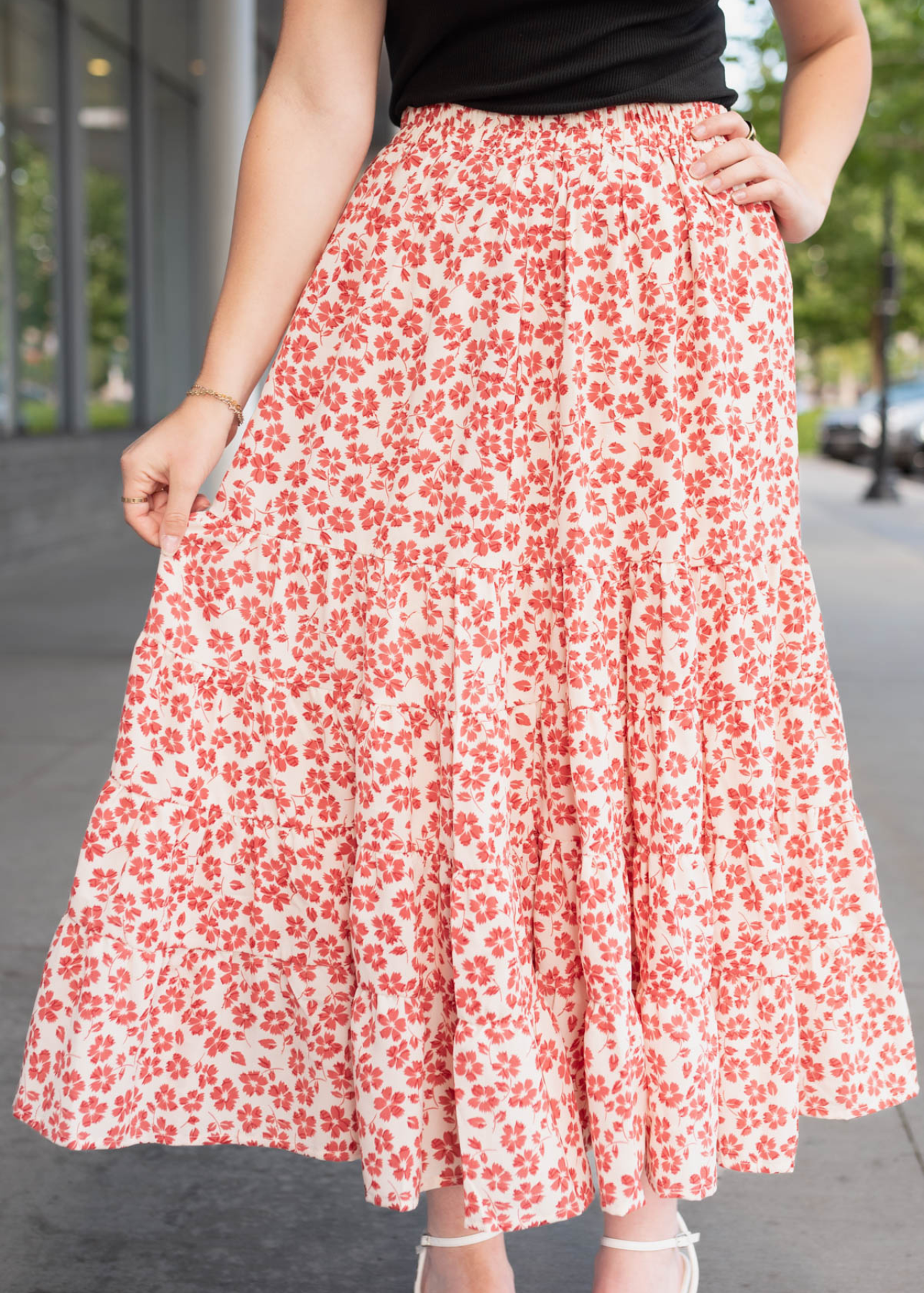 Back view of the maroon floral skirt