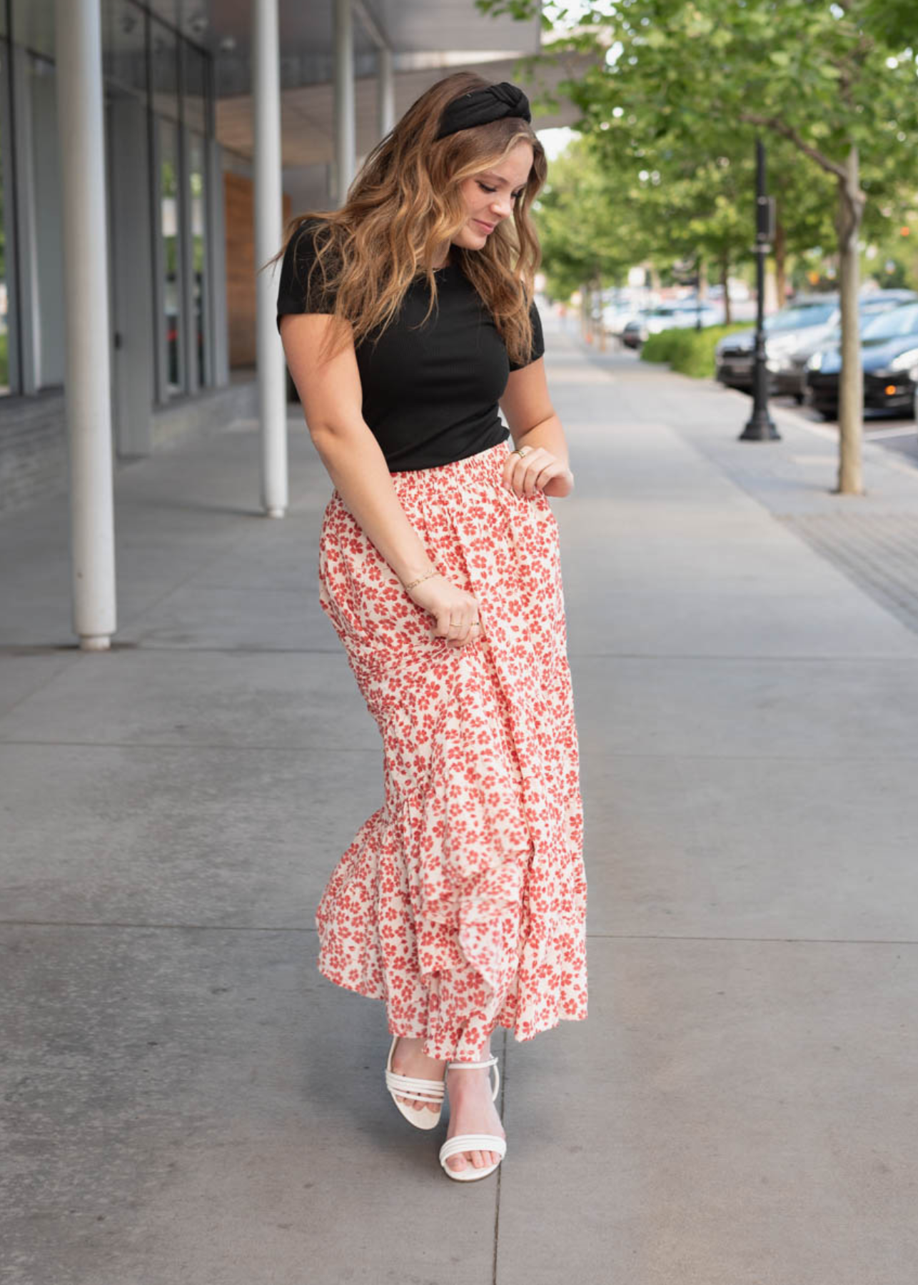 Maroon floral skirt with white back ground